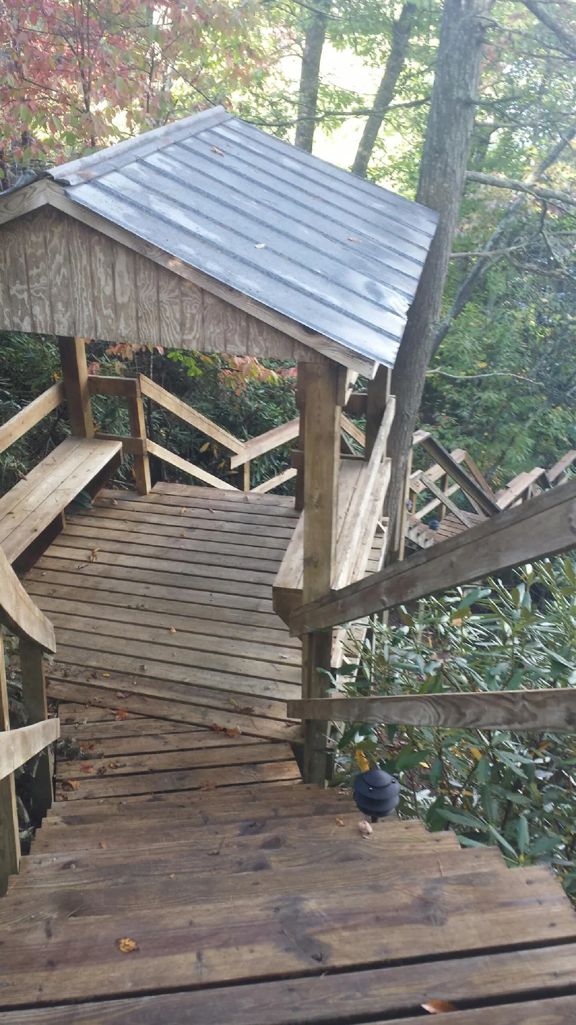 Metal roofed shelter over wooden steps on a wooded walkway — Skylight Repair & Installation work by our crew in Wilmer